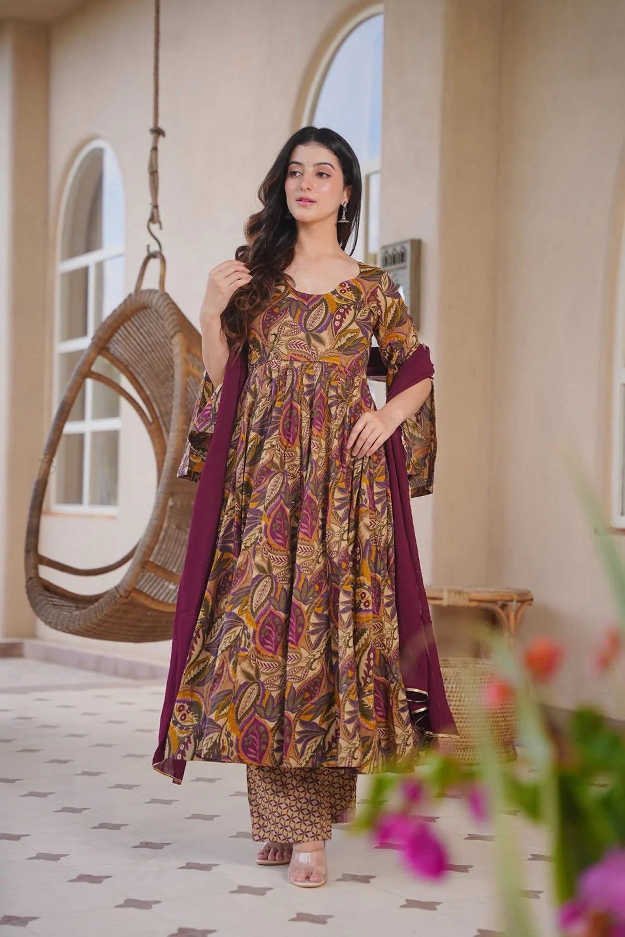 Aayaa Multi Cotton Silk Designer Full Flaired Printed Kurta Set with Dupatta