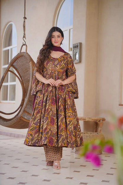Aayaa Multi Cotton Silk Designer Full Flaired Printed Kurta Set with Dupatta