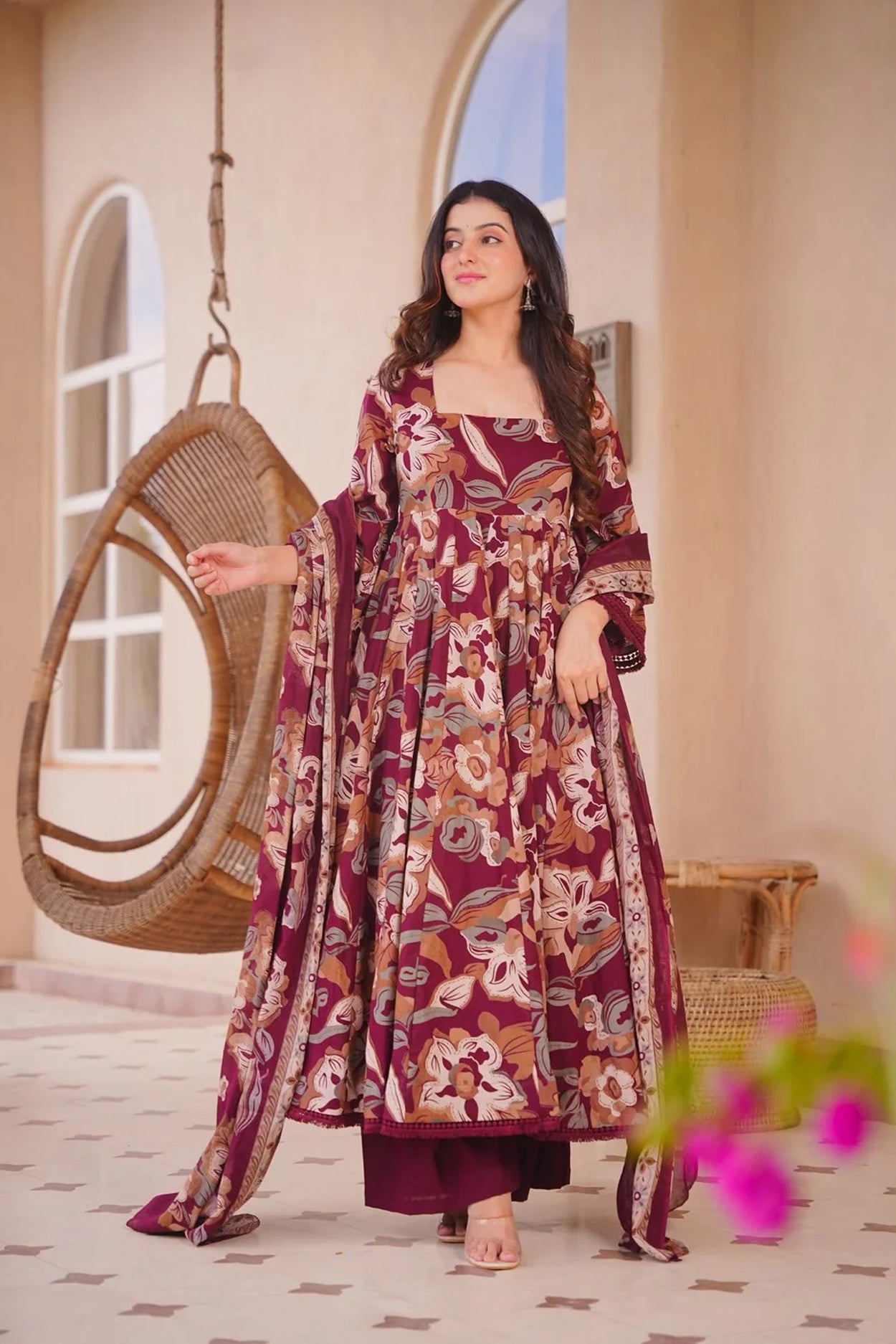 Aayaa Multi Cotton Silk Designer Full Flaired Printed Kurta Set with Dupatta