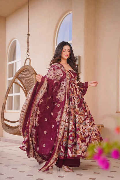 Aayaa Multi Cotton Silk Designer Full Flaired Printed Kurta Set with Dupatta