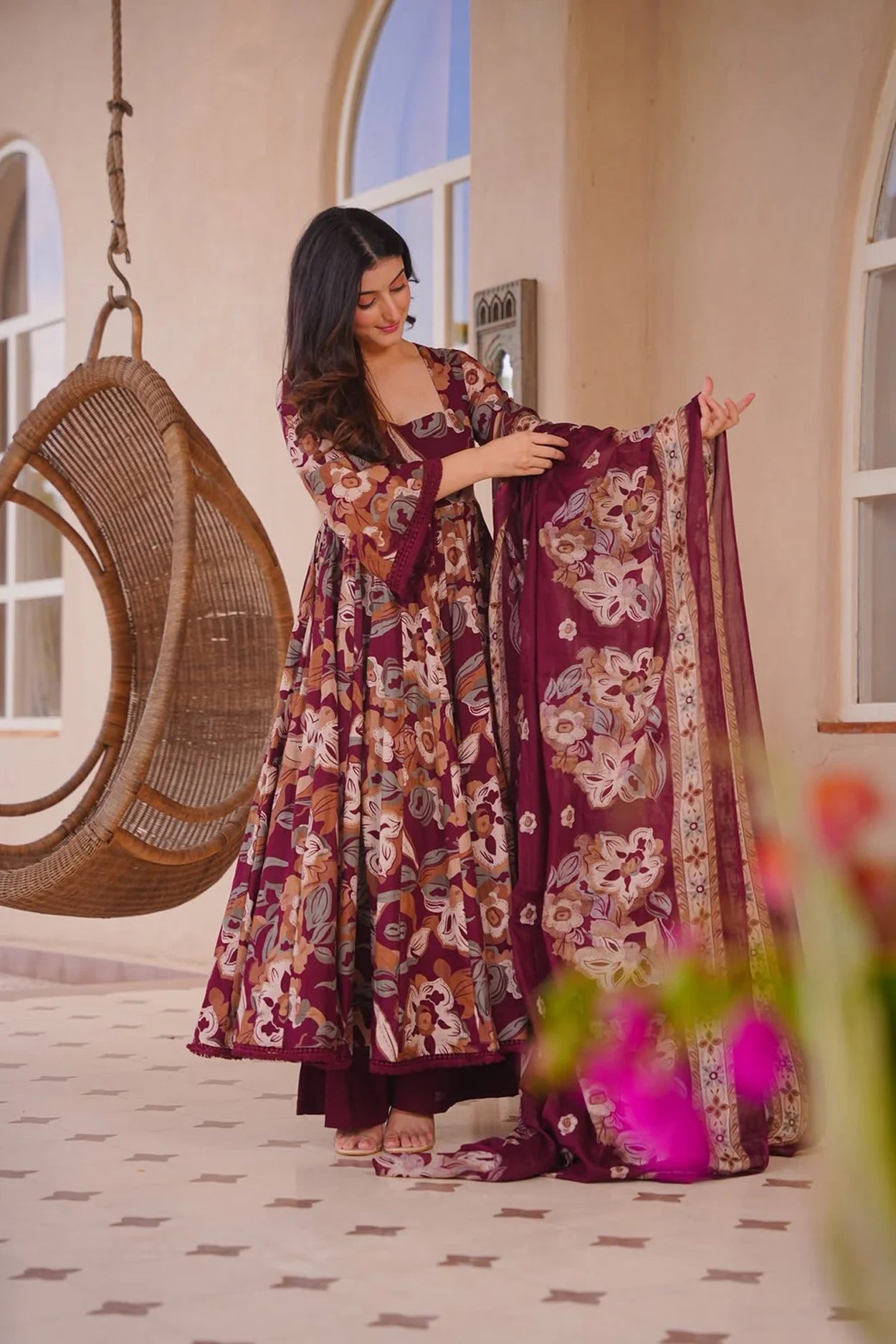 Aayaa Multi Cotton Silk Designer Full Flaired Printed Kurta Set with Dupatta