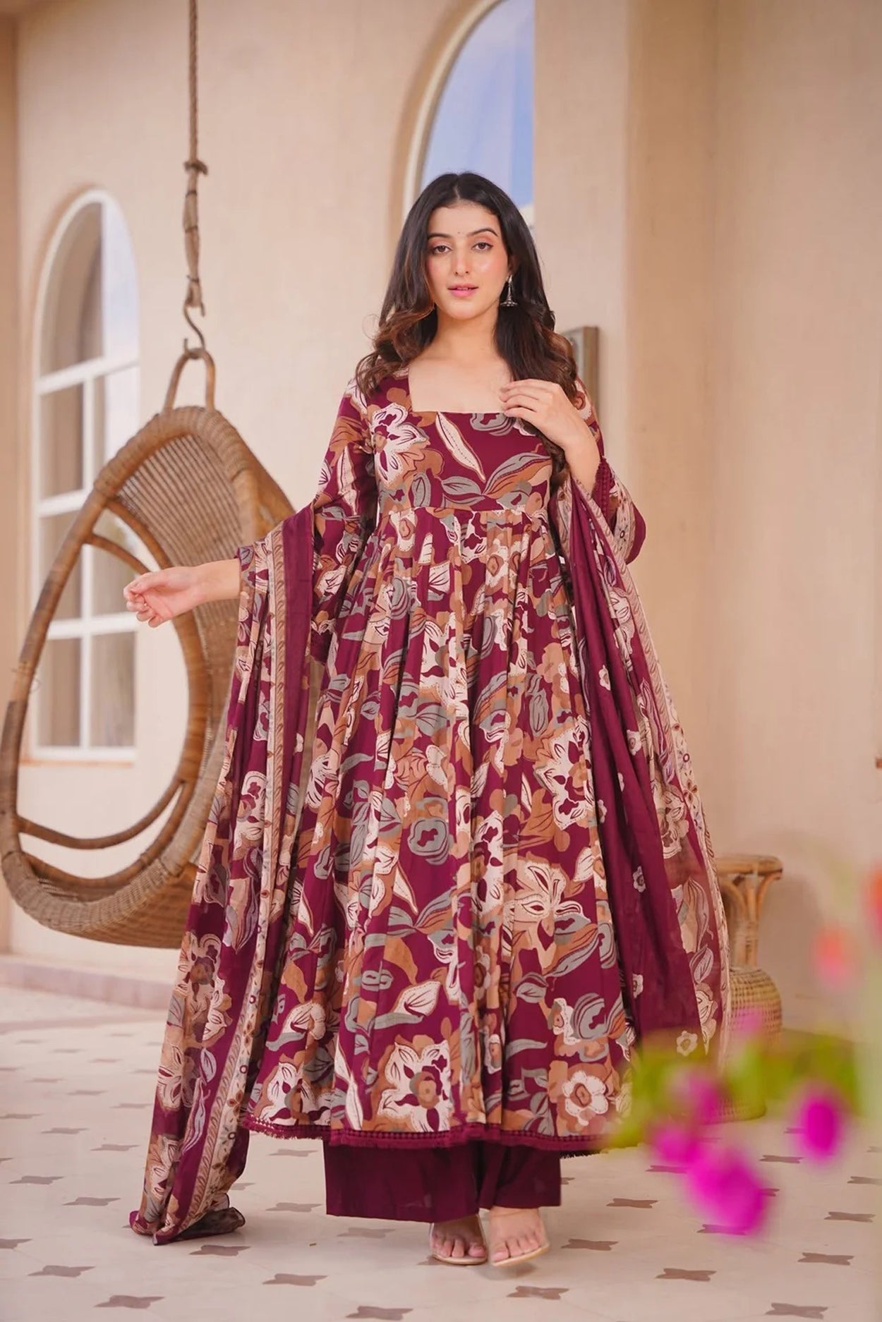 Aayaa Multi Cotton Silk Designer Full Flaired Printed Kurta Set with Dupatta