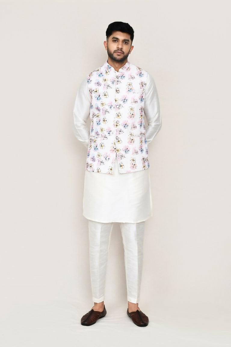 Joban Fashion White Colored Art Silk Fabric Kurta, Jacket With Straight Fit Pant