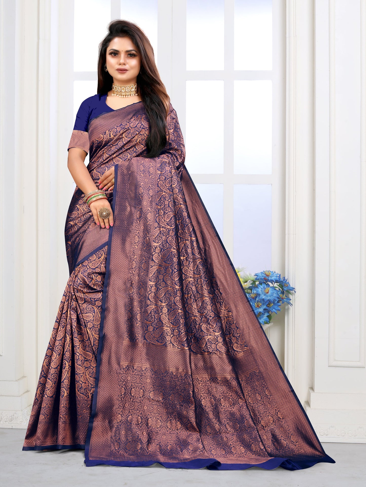 Vedant Vastram Litchi Silk Designer Banarasi Saree - Navy