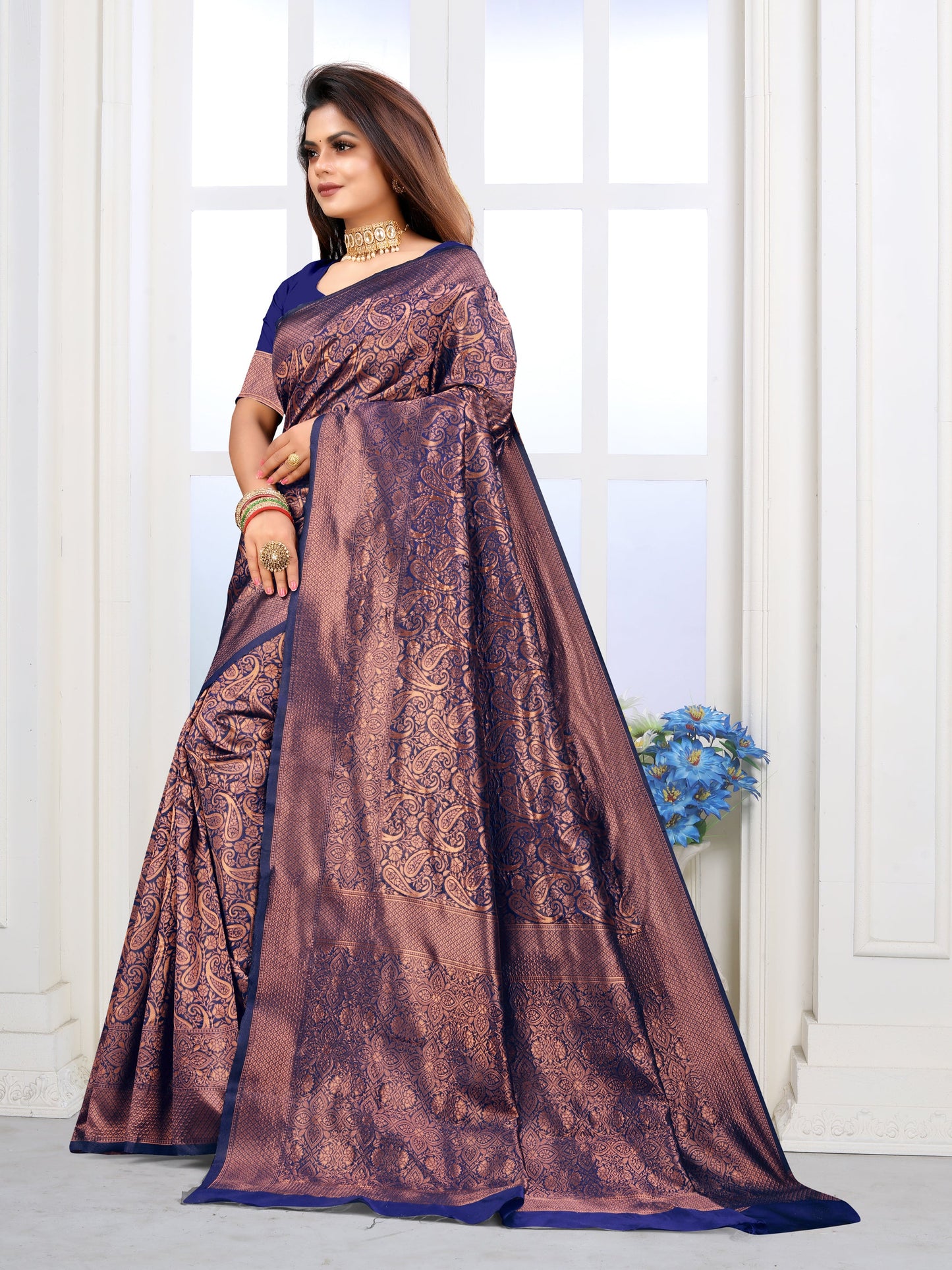 Vedant Vastram Litchi Silk Designer Banarasi Saree - Navy