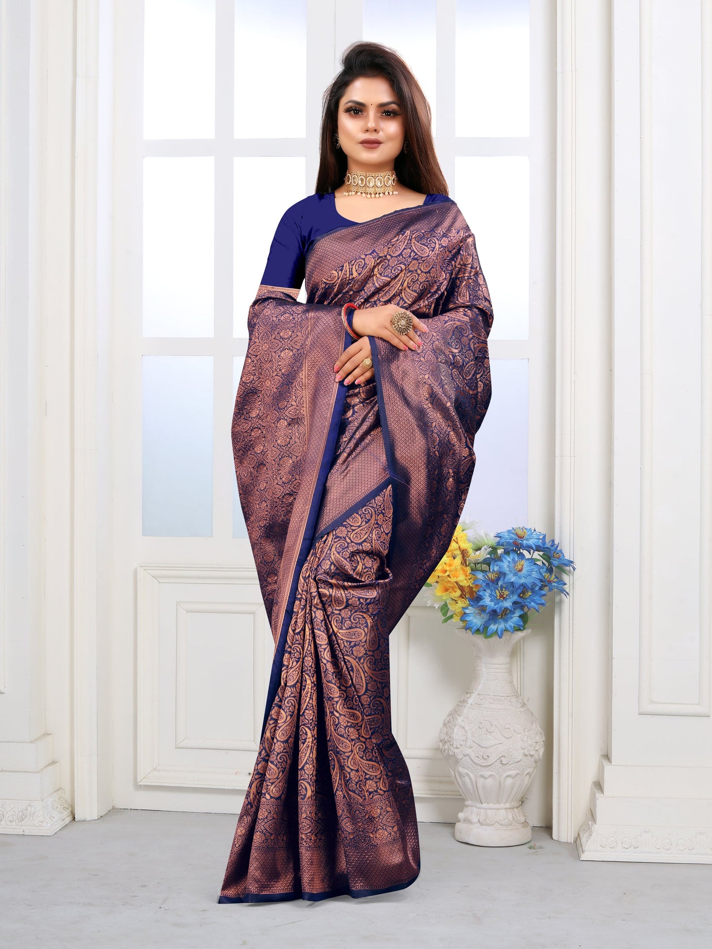 Vedant Vastram Litchi Silk Designer Banarasi Saree - Navy