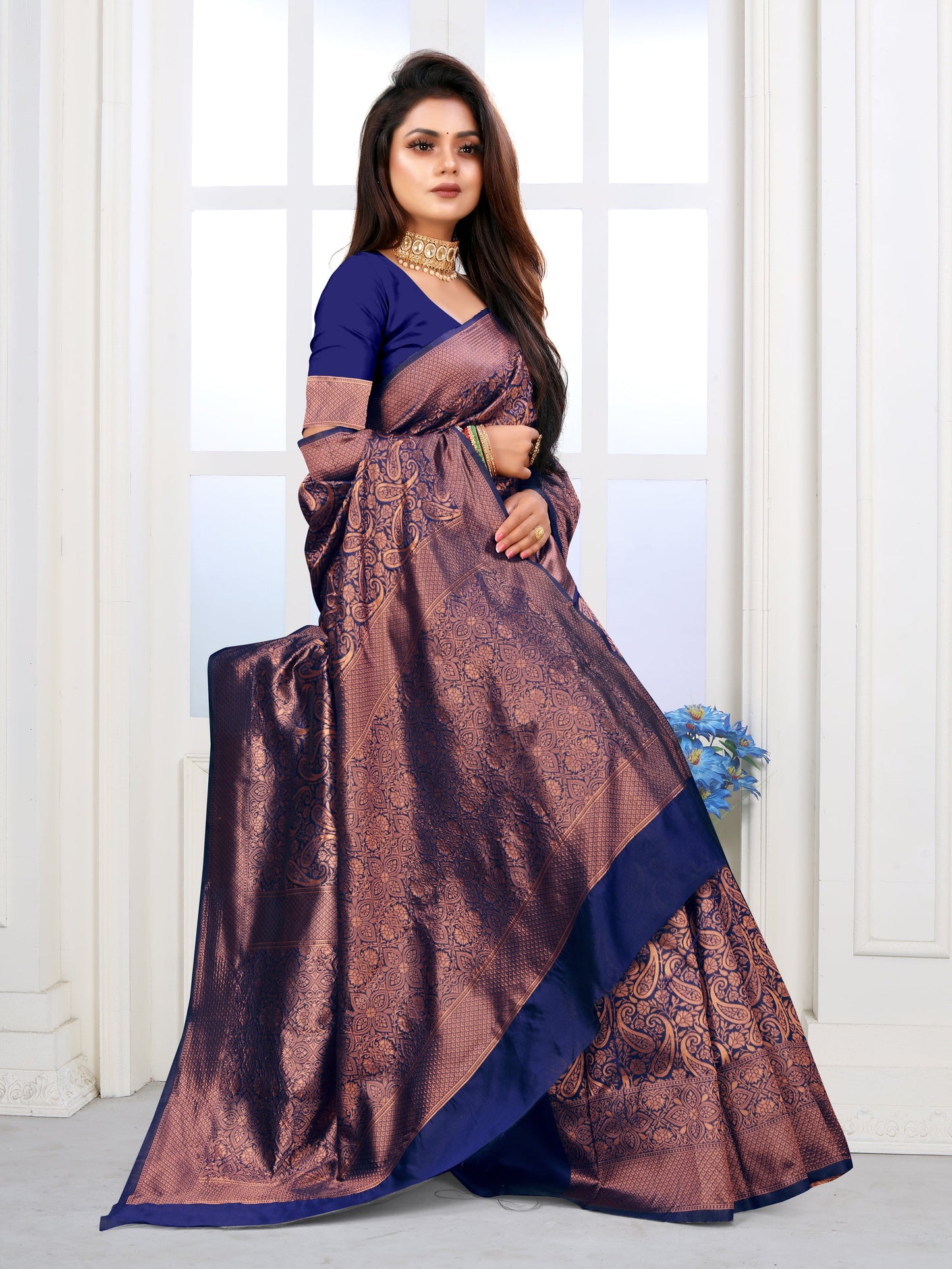 Vedant Vastram Litchi Silk Designer Banarasi Saree - Navy