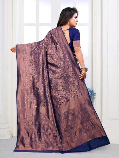 Vedant Vastram Litchi Silk Designer Banarasi Saree - Navy