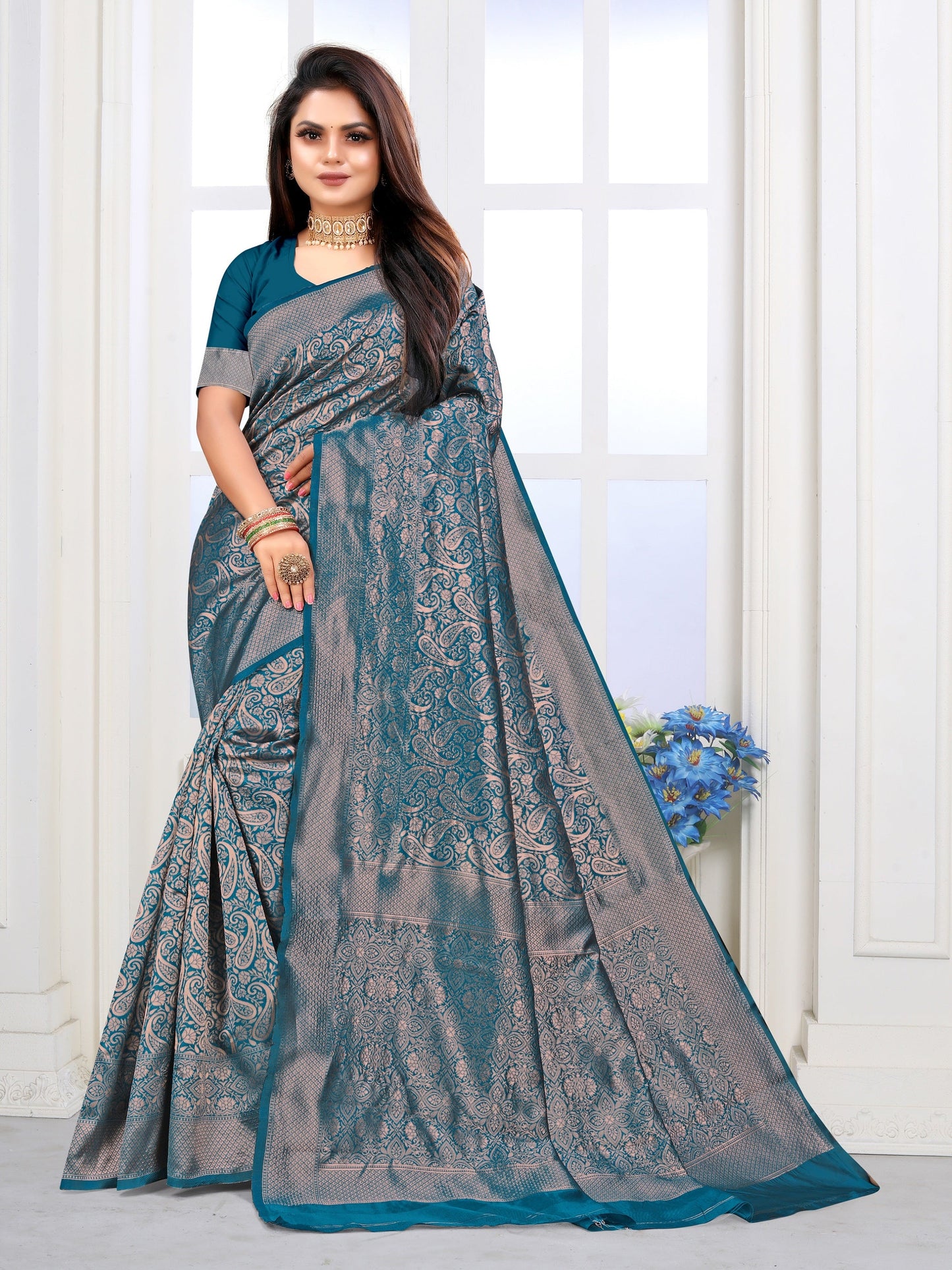 Vedant Vastram Litchi Silk Designer Banarasi Saree - Rama