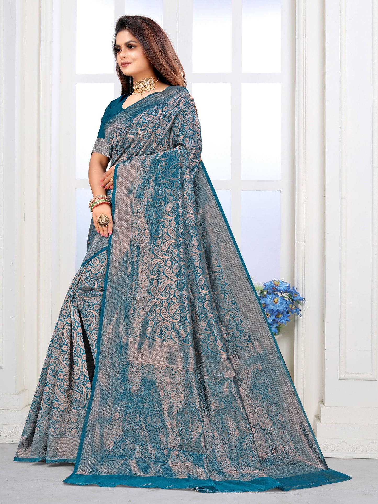 Vedant Vastram Litchi Silk Designer Banarasi Saree - Rama