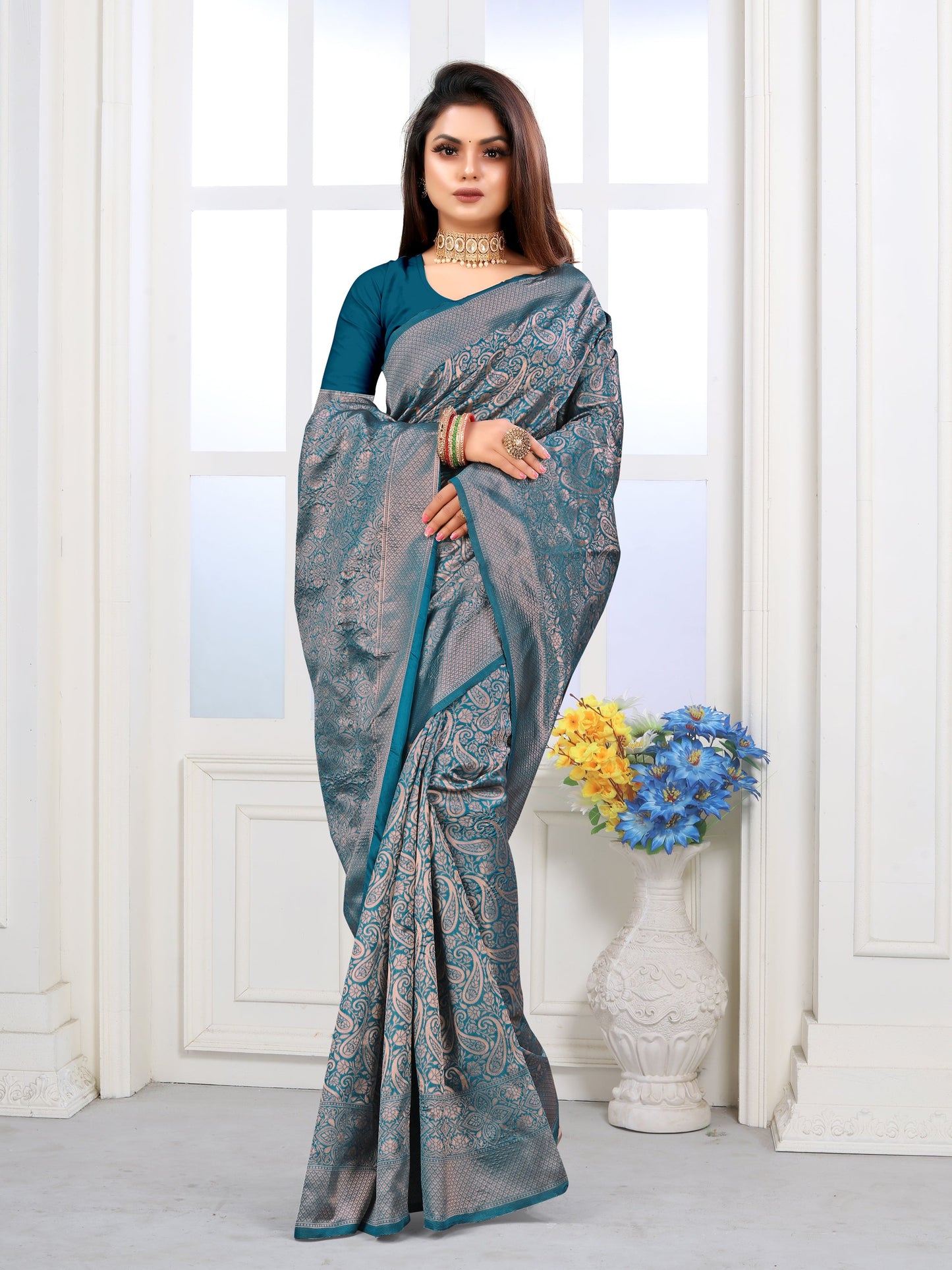 Vedant Vastram Litchi Silk Designer Banarasi Saree - Rama