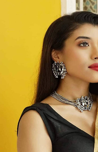 Mominos Fashion Silver color Necklace with Mirror work Mangalsutra