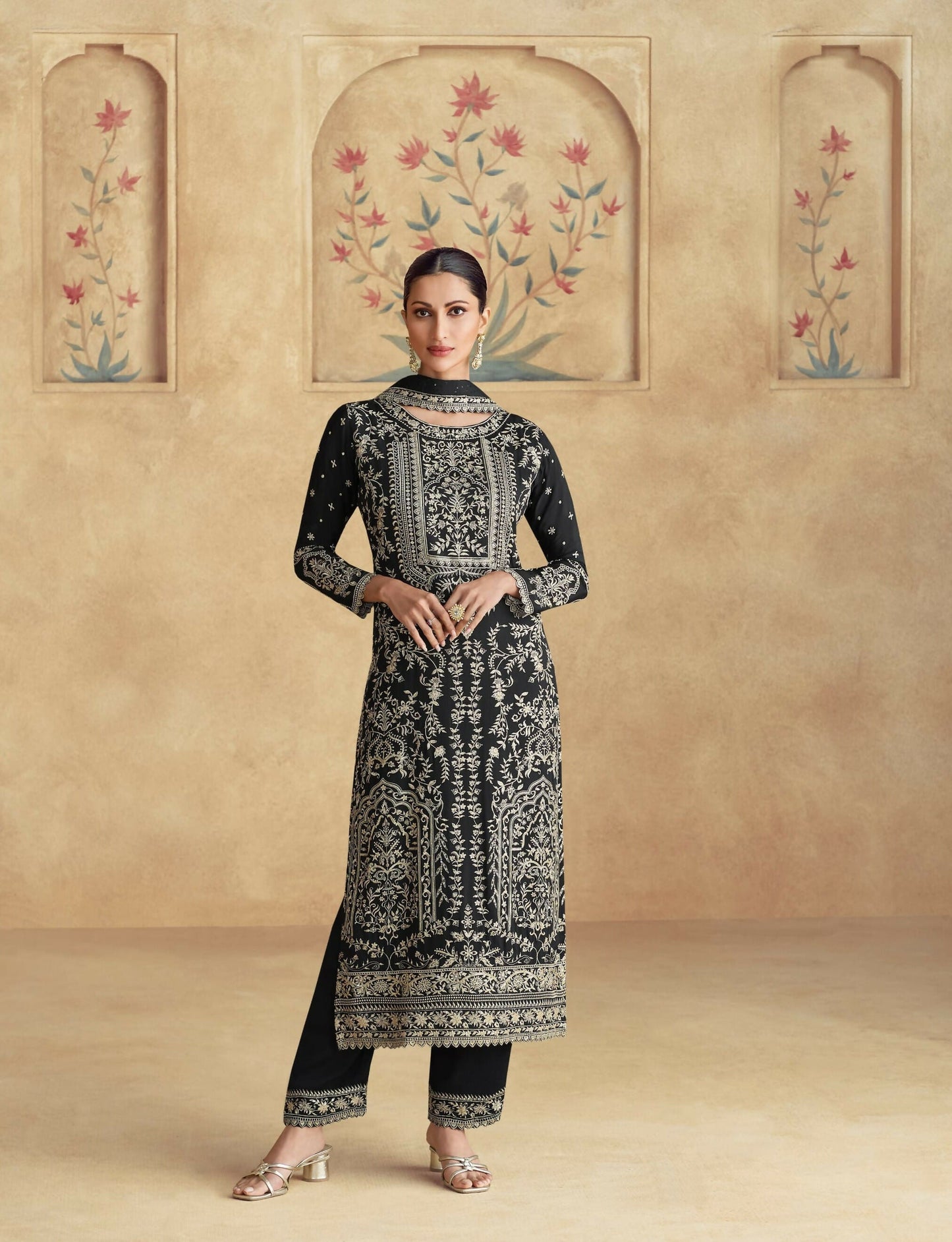 Anaita Black Premium Chinon Embroidered Sequin Work Ready Made Suit