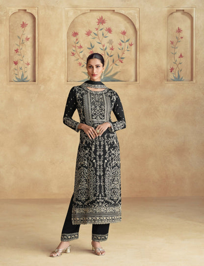 Anaita Black Premium Chinon Embroidered Sequin Work Ready Made Suit