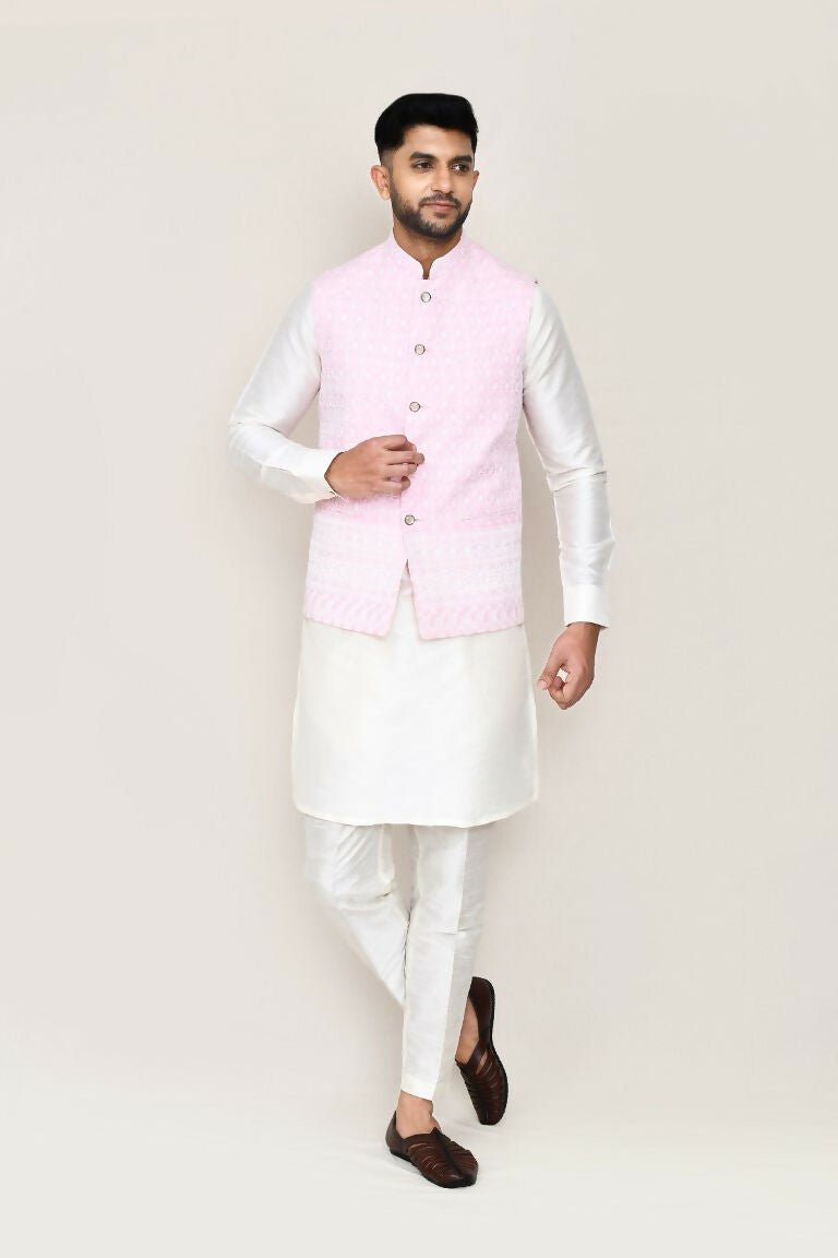Joban Fashion White Colored Art Silk Fabric Kurta, Jacket With Straight Fit Pant