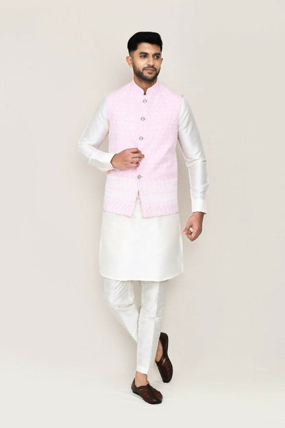 Joban Fashion White Colored Art Silk Fabric Kurta, Jacket With Straight Fit Pant