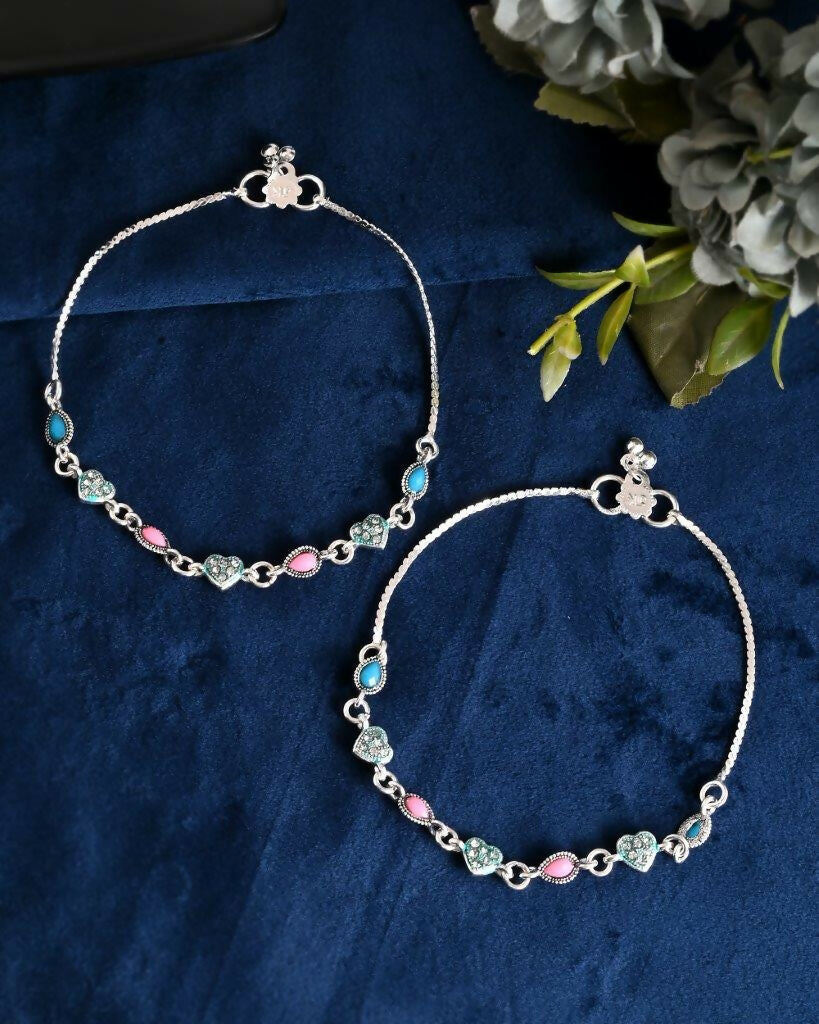VOJ Set of 2 Silver Plated Heart Shaped Meenakari Anklet