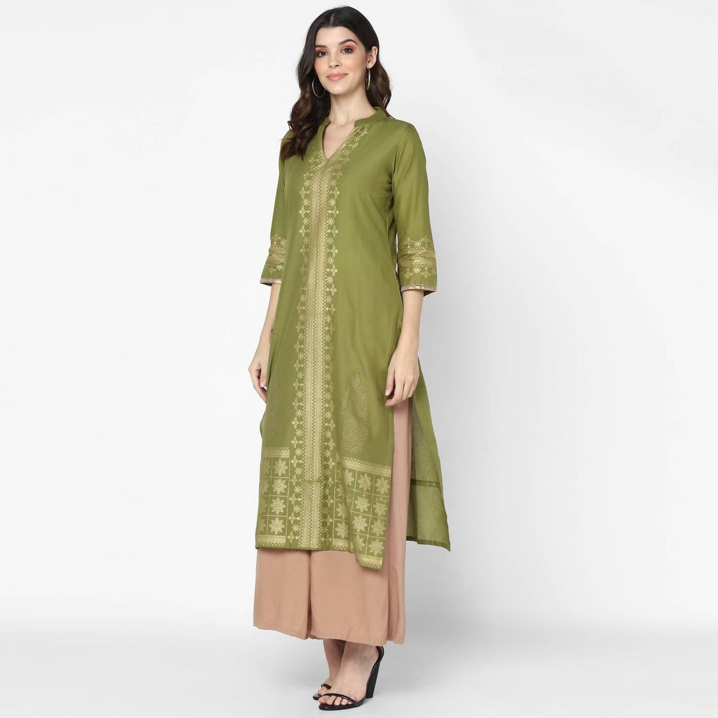 Cheera Hand Block Print Military Color & Skin Color Straight Kurta With Palazzo (MAAI-076K)