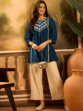 Sangria Women Floral Embroidered Round Neck Indigo Top