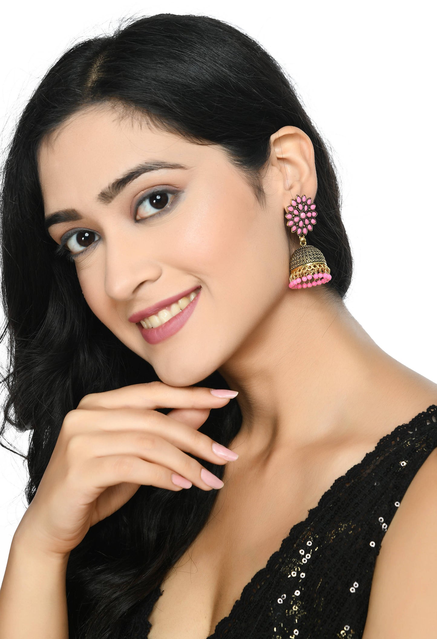 Mominos Fashion Johar Kamal Beautiful Kundan Work Jhumka With Baby Pink Beads