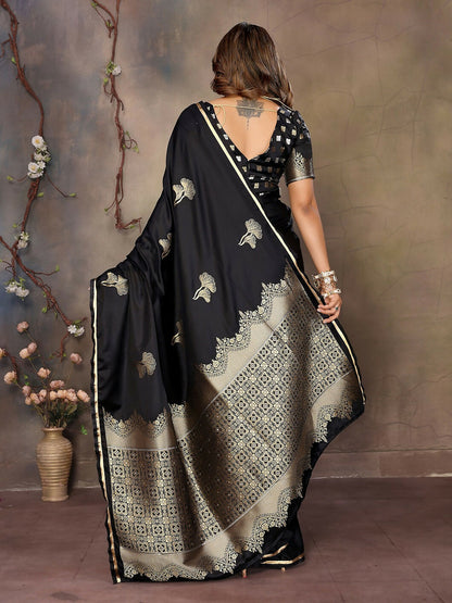 Joban Fashion Black Floral Motifs Banarasi Silk Sarees