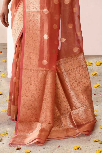 Joban Fashion Rose Gold Banarasi Tissue Pure Handloom Banarasi Silk Saree