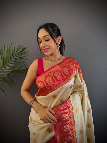 Elora White Soft Silk Butti Zari Weaving Constrast Pallu Banarasi Saree