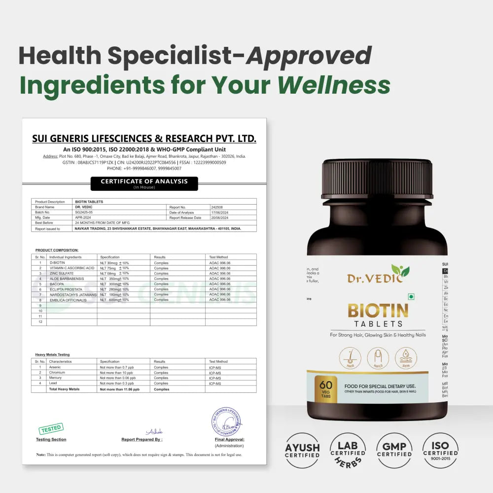 Dr. Vedic 100% Natural Biotin Tablets - 60 Tabs