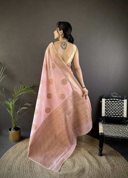 Joban Fashion Peach Floral & Paisley Linen Silk Banarasi Saree