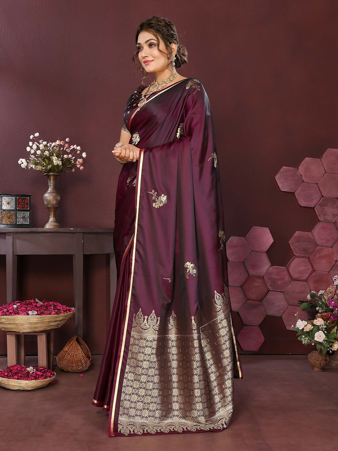 Joban Fashion Wine Floral Banarasi Silk Sarees
