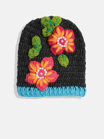 Chutput Kids Woollen Hand Knitted Flower And Beads Embellished Cap - Grey