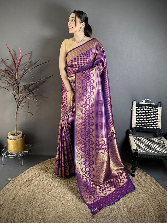 Elora Purple Banarasi Soft Silk Checked Body With Floral Motifs South Pattu Saree
