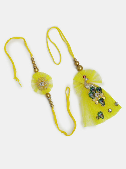 NVR Women & Men Set of 2 Yellow Peacock Design Bhaiya Bhabhi Rakhi With Roli Chawal & Chocolate