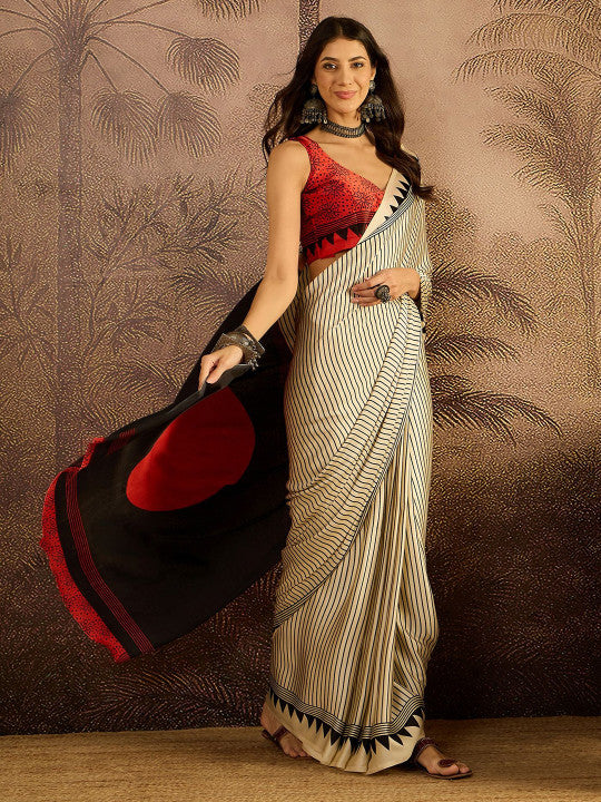 Sangria Striped Printed Saree with Unstitched Blouse