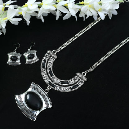 Mominos Fashion Johar Kamal Oxidised Silver-Plated Stone Work Long Necklace Handicraft
