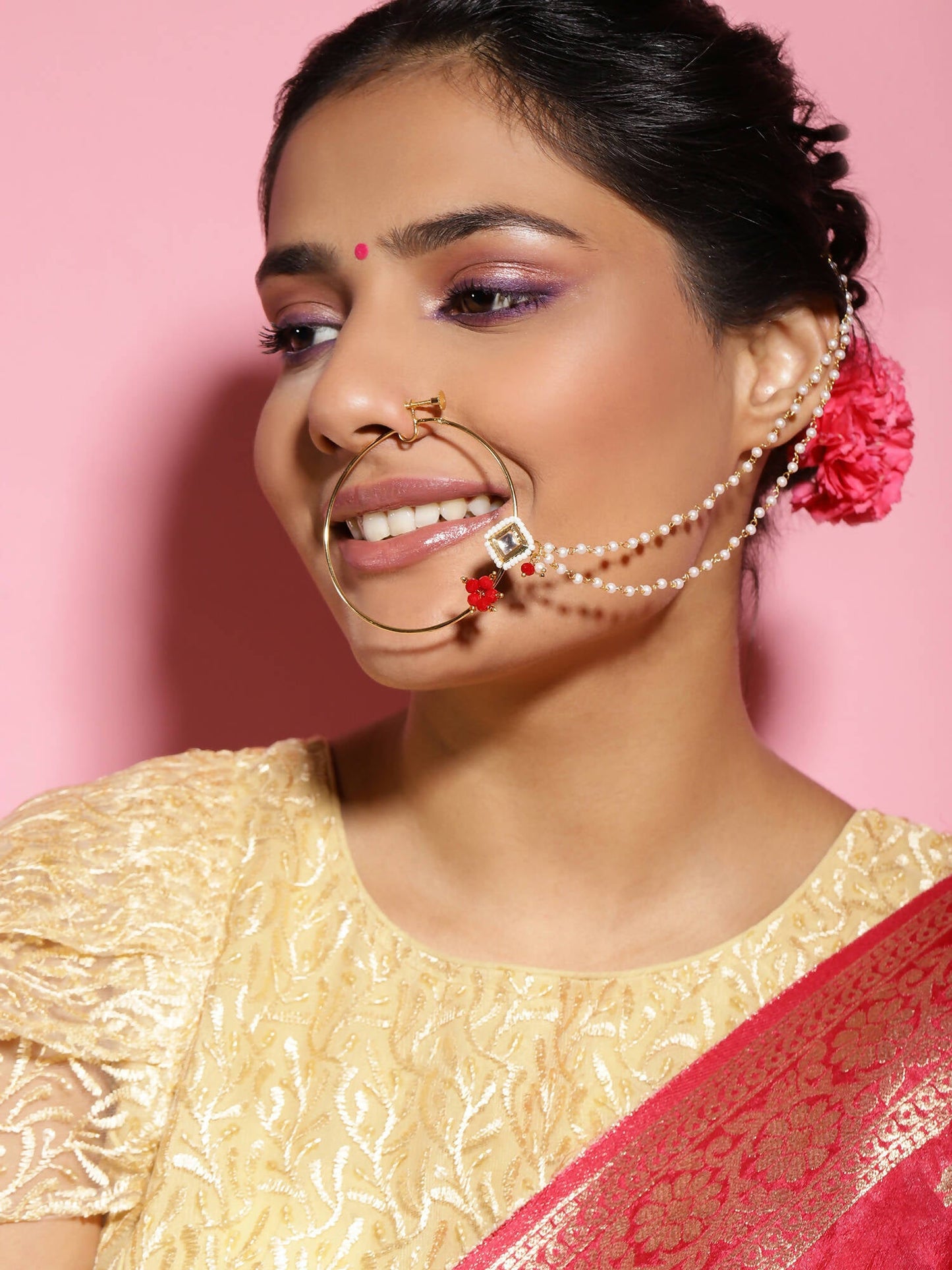 Gold-Polished White Red Kundan-Studded Pearl Beaded Nosepin - Ruby Raang