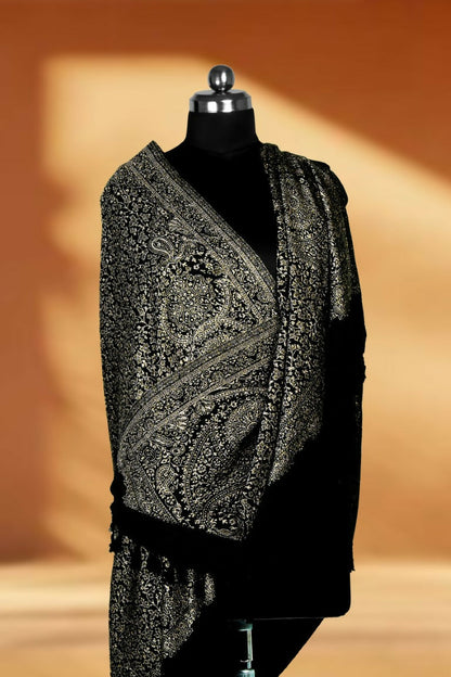 Weaving Mystery Handloom Pashmina Shawl-Kaani Zari - Black