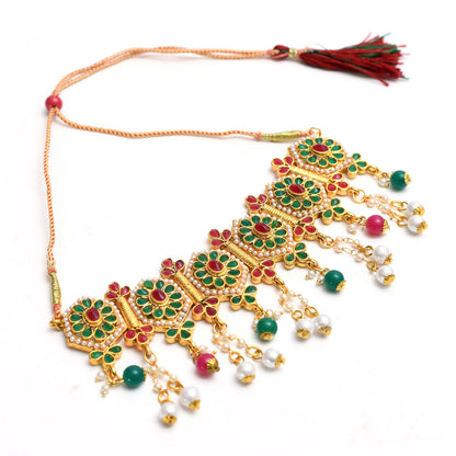 Mominos Fashion Johar Kamal Women Gold-Polished Brass Finish Meena & Pearls Work Choker