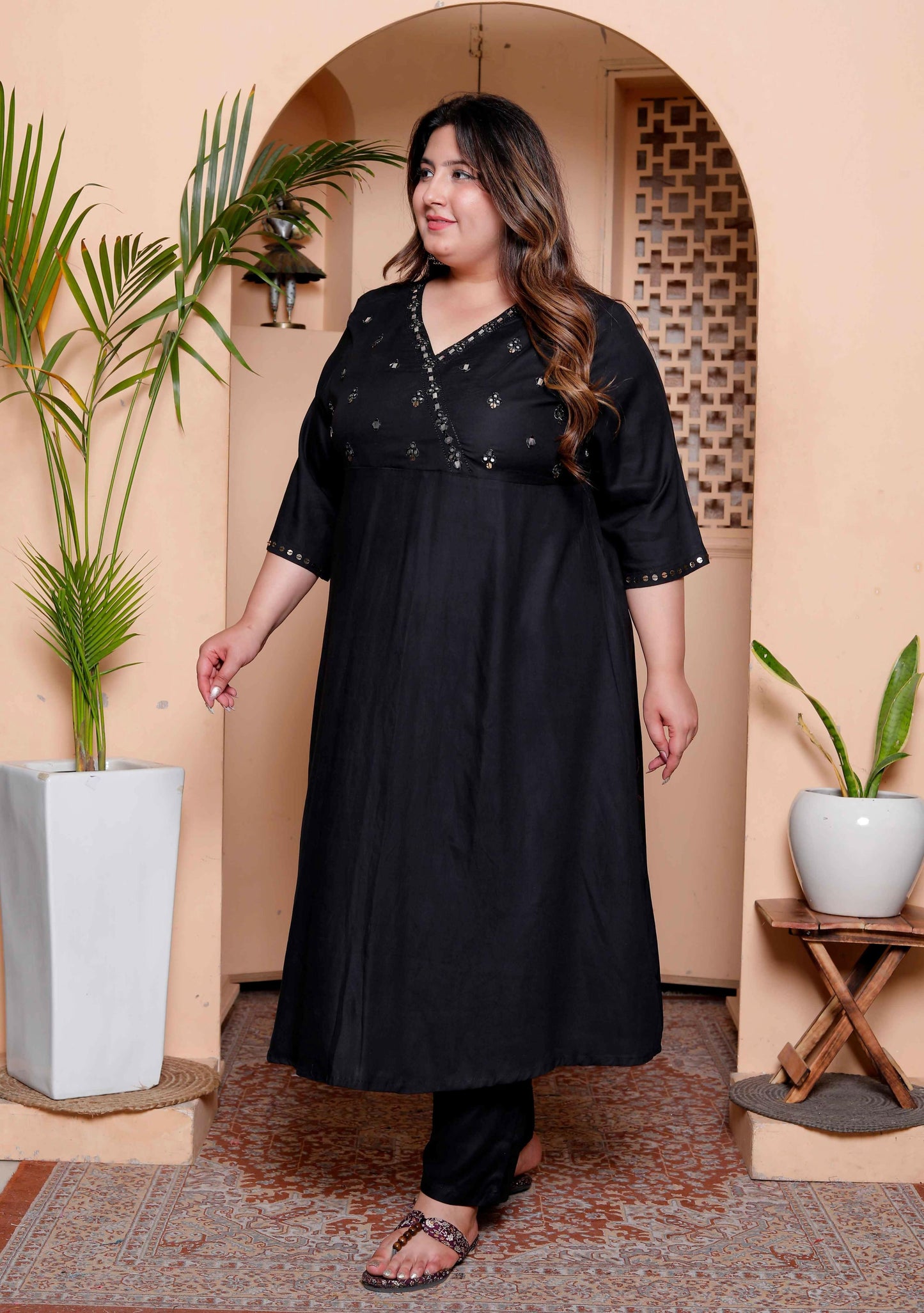 Miravan Womens Plus Size Black Mirror work Angrakha Kurta and Palazzo Set