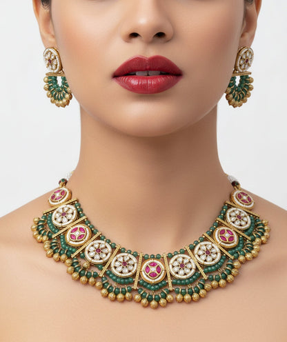 Jewel City Stunning Handcrafted Green And Pink Gold-Plated Choker Necklace Set