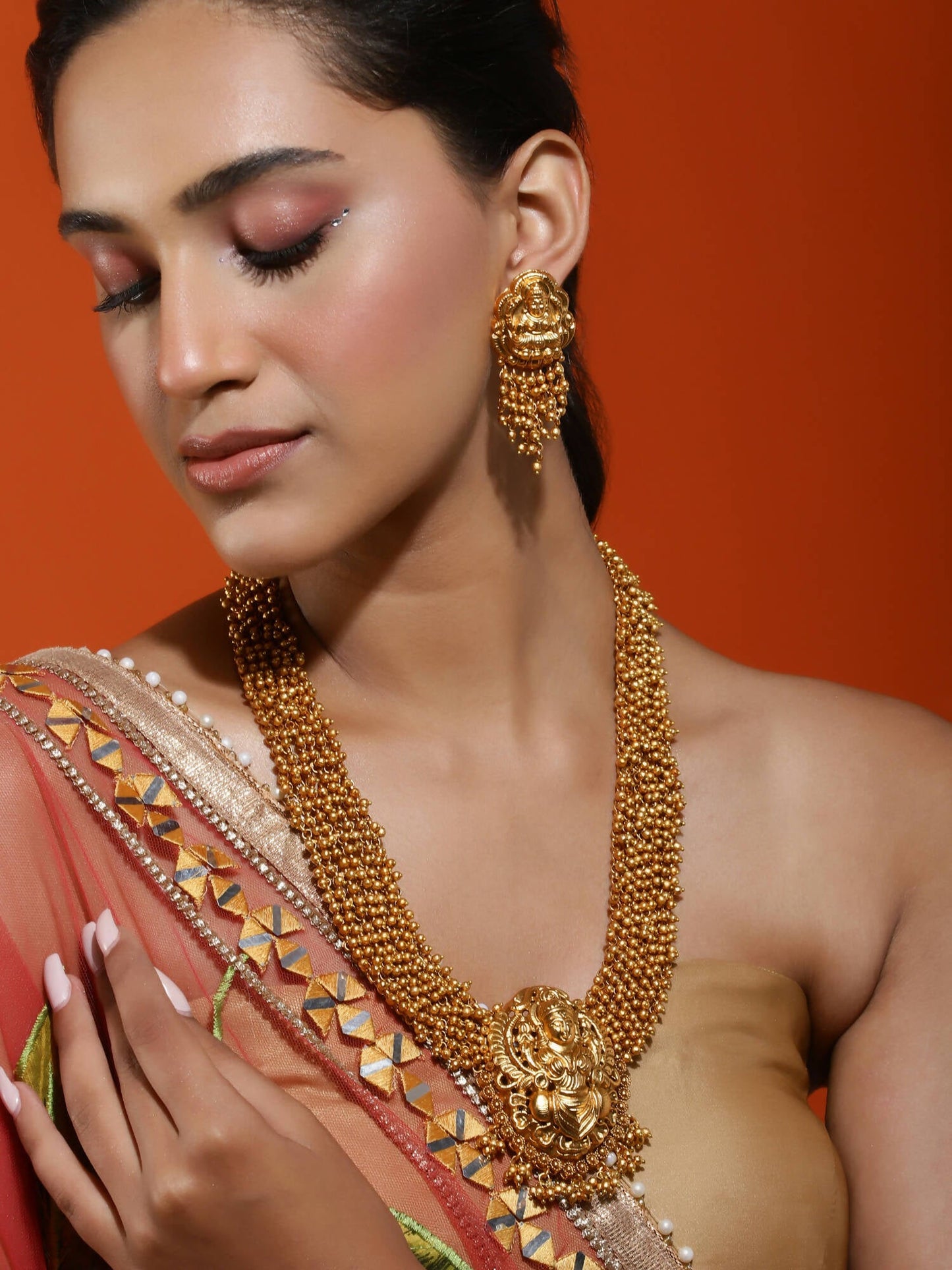 Gold-Polished Pearls Beaded Temple Jewellery Set - Ruby Raang