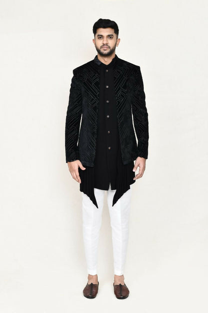 Joban Fashion Black Colored Velvet Based With Full Embroidered Fabric Open Jacket, Indo Western With Pant