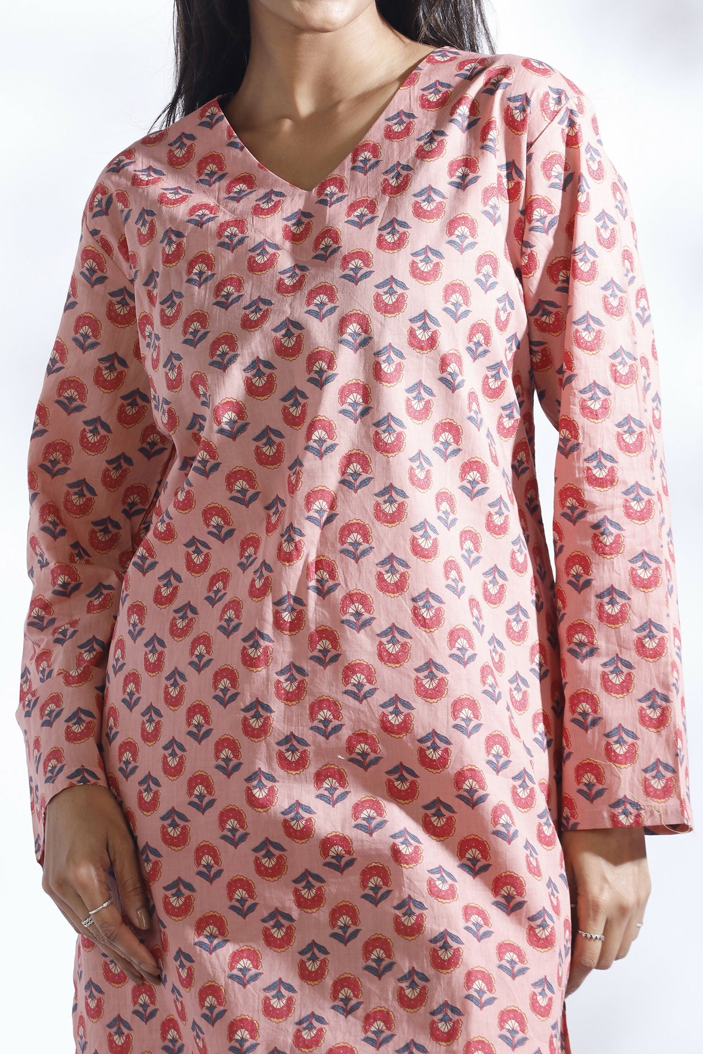 Breathables Women’S Loungewear Long Kurta Co-Ord Set Cotton Pink Indian Motif Butta Print