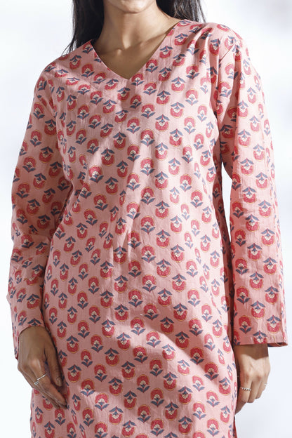 Breathables Women’S Loungewear Long Kurta Co-Ord Set Cotton Pink Indian Motif Butta Print