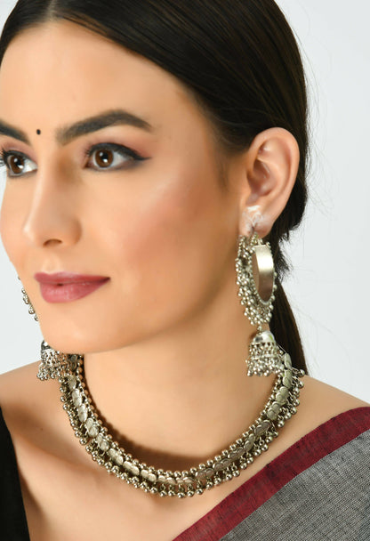 Mominos Fashion Johar Kamal Oxidised Silver-Plated Heart Design Necklace Choker Set For Women