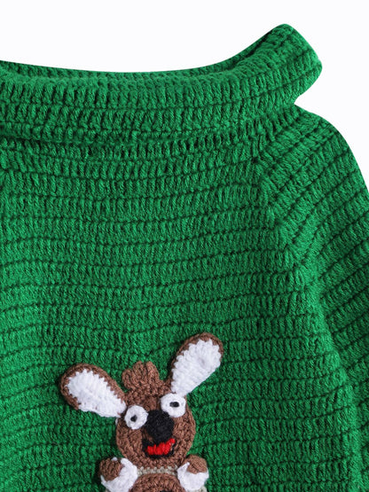Chutput Kids Woollen Hand Knitted Full Sleeves Kangaroo Detail Cardigan For Baby Boys - Green