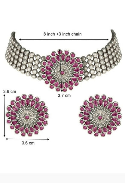 Mominos Fashion Johar Kamal Oxidised Silver-Plated Brass Finish Kundan Choker For Women (Pink)