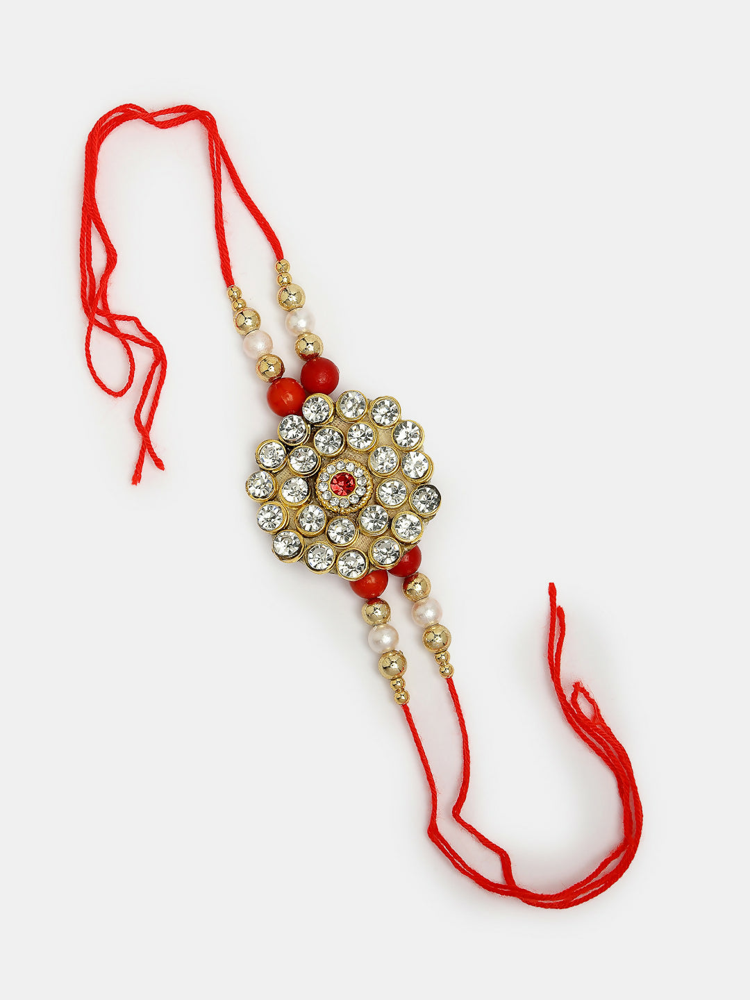 NVR Women & Men Set of 2 Red & Gold-Toned Stone-Studded & Beaded Bhaiya Bhabhi Rakhi With Roli Chawal & Chocolate