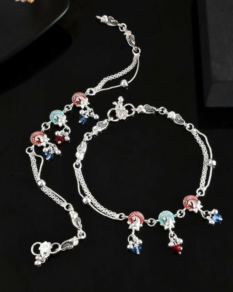 VOJ Set of 2 Silver Plated Peacock Shaped Multi Color Anklet