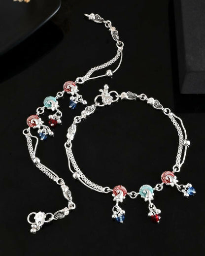 VOJ Set of 2 Silver Plated Peacock Shaped Multi Color Anklet
